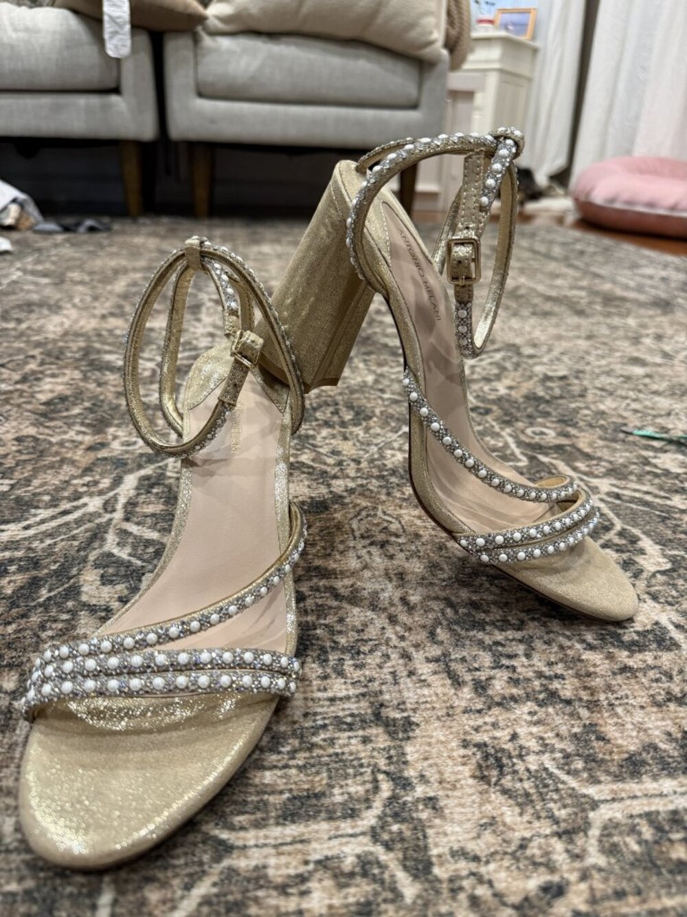 ANTONIO MELANI Gold Pearl Embellished Block Heel Sandals 9M